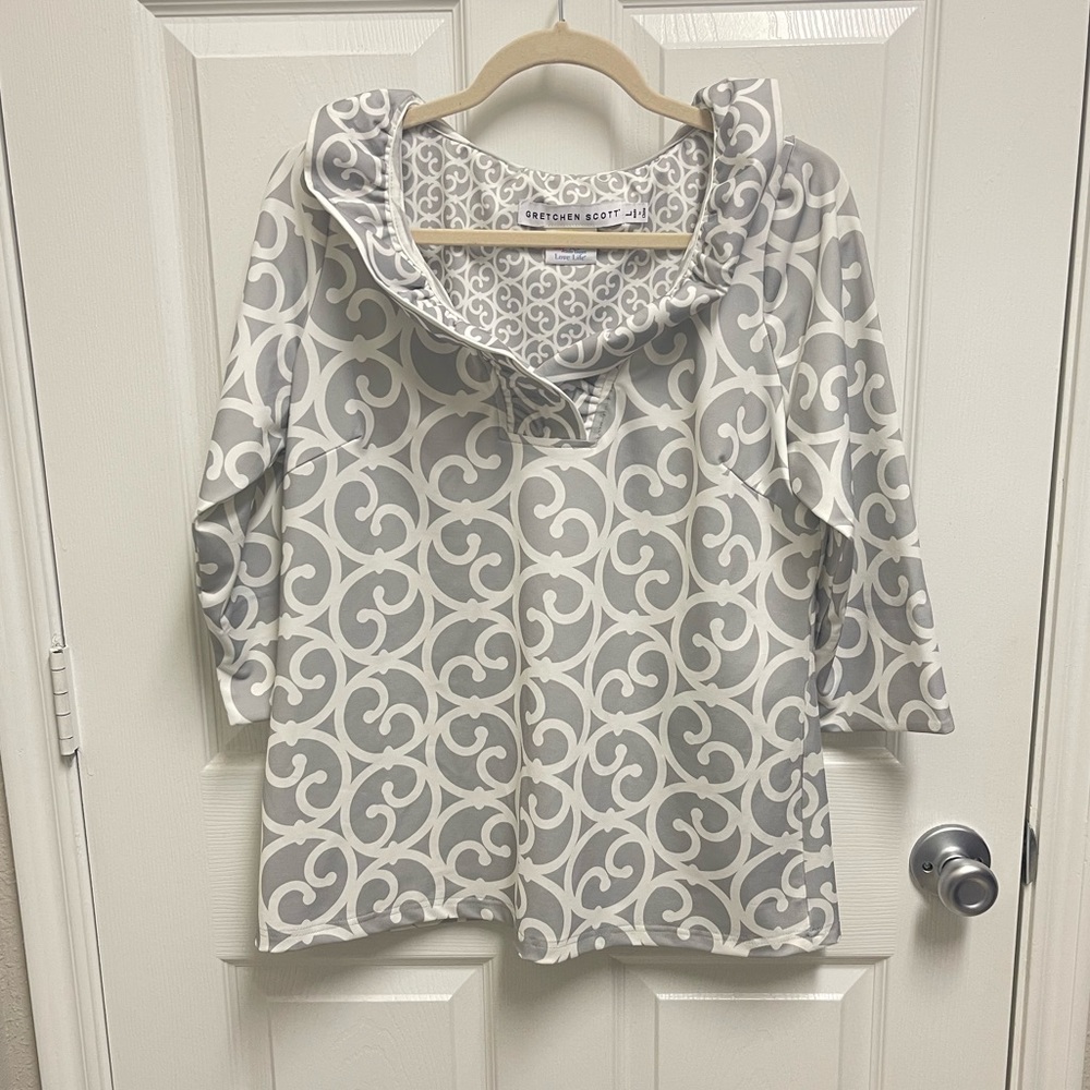 Gretchen Scott Scroll Design Ruffle Neck Blouse